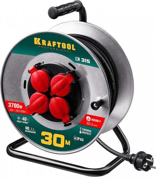 Удлинитель на катушке К-315 30м 3700 Вт 4 гнезда IP44 КГ 3x1,5 кв мм 55085-30_z01 KRAFTOOL